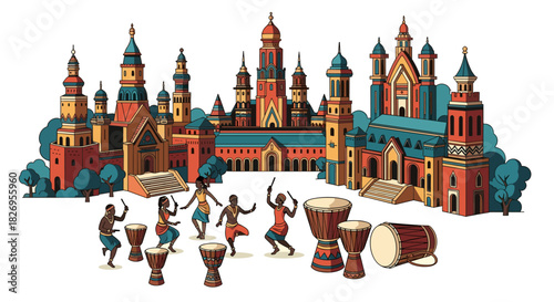 Colorful celebration with drummers in front of vibrant cultural architecture