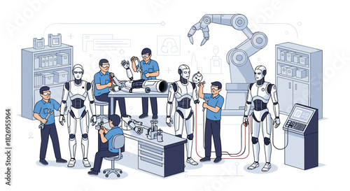 Futuristic robotics lab with engineers and humanoid robots in modern workspace