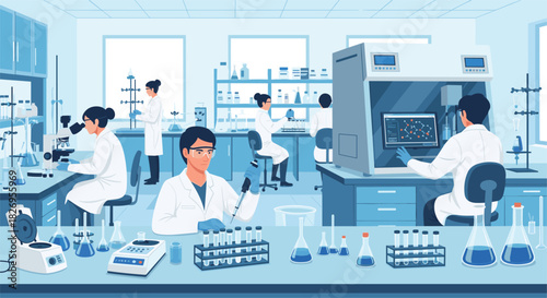 Scientists conducting experiments in a modern research laboratory