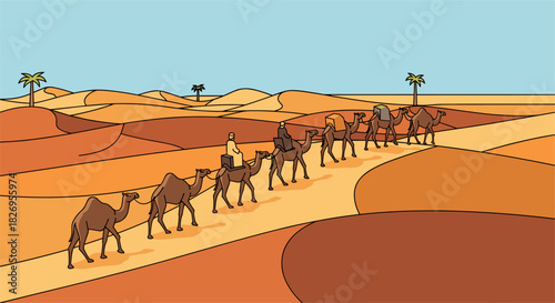 Caravan journey through desert landscape with camels and palm trees