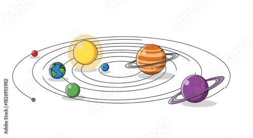 Colorful solar system cartoon with orbit paths and planets