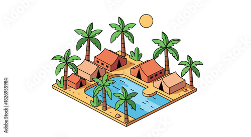 Isometric tropical village with palm trees and pool in a sunny climate