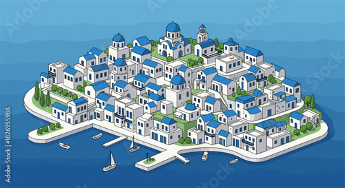 Isometric greek island town with white buildings and blue roofs by the sea