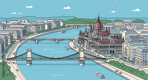 Linear cityscape of budapest with bridges and river in detailed architectural style