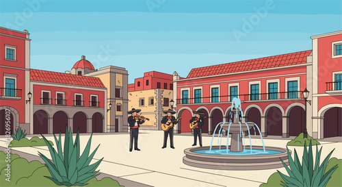 Charming mexican square with musicians in a flat style