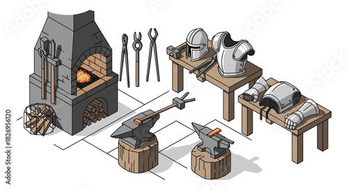 Medieval blacksmith workshop with armour and tools in isometric design