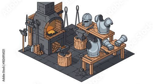 Medieval blacksmith workshop with armor and forges in isometric design