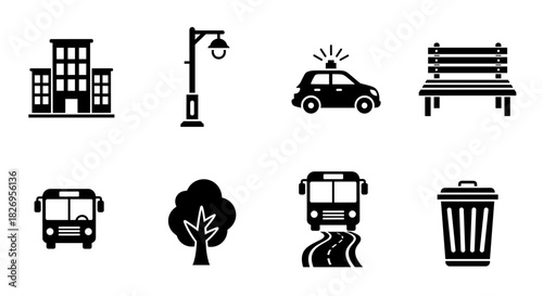 Urban silhouette icons of city elements featuring transport, architecture, and nature