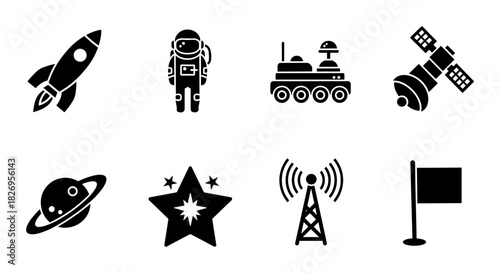 Space icons set: silhouette rocket, astronaut, satellite, planet, rover, antenna, star, flag