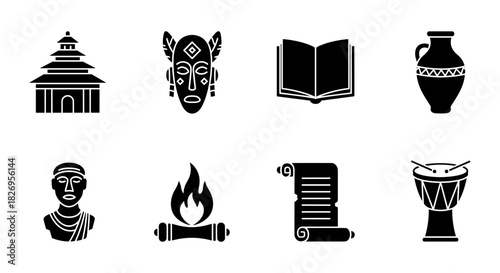 Cultural icons set: silhouette style featuring historic elements and traditional symbols