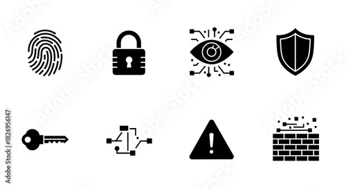 Security icon set featuring fingerprint, lock, and shield designs for digital protection