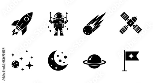 Space exploration icons: rocket, astronaut, meteor, satellite, and celestial bodies in bold silhouette