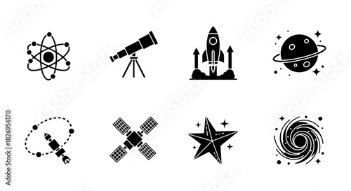 Set of science icons featuring telescope, rocket, and cosmic elements in silhouette style
