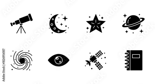 Set of black astronomy icons: telescope, moon, star, planet, galaxy, eye, satellite, notebook