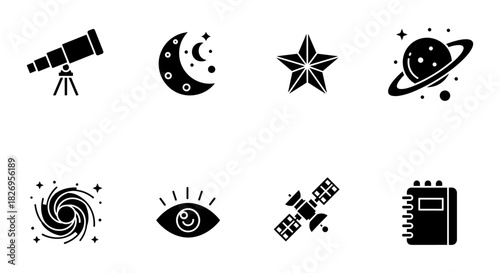 Celestial icons: telescope, moon, star, planet, galaxy, eye, satellite, notebook