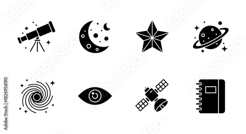 Astronomy icons: telescope, moon, star, planet, galaxy, eye, satellite, notebook