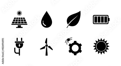 Eco-friendly icons set: renewable energy and sustainability symbols in black silhouette