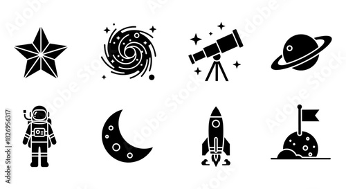 Space exploration icons: telescopes, astronauts, and celestial symbols in silhouette style