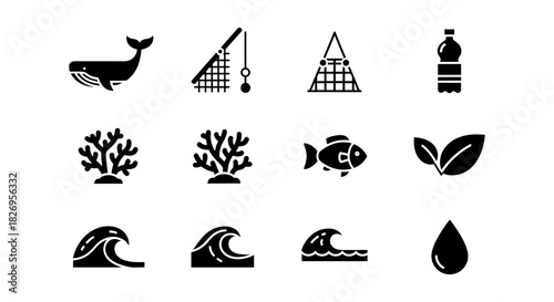 Silhouette icons of marine life and environmental conservation symbols