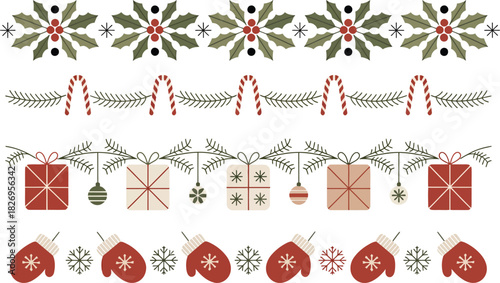 Christmas borders with holly candy canes gifts and mittens