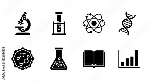 Science and education icons: chemistry, biology, physics, and learning symbols