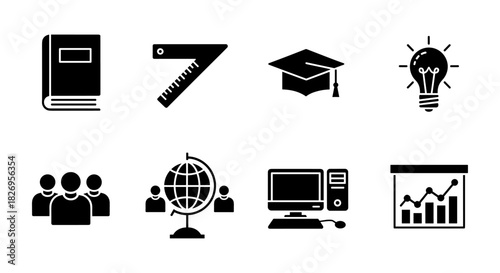 Educational icons set: silhouette style for learning and teaching resources