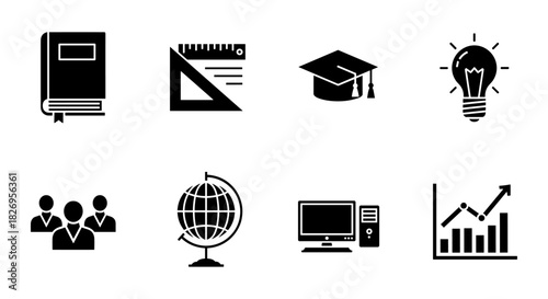 Education and business silhouette icons: book, globe, computer, and more