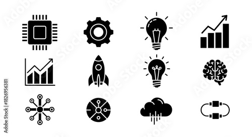 Black and white icons set: technology, innovation, and growth symbols