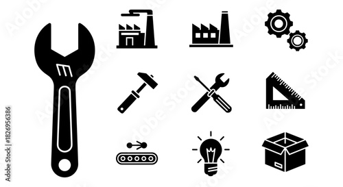 Industrial tools and factory icons set in bold silhouette style