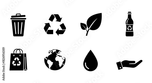 Eco-friendly icon set: sustainability, recycling, green practices, environment, minimalist design