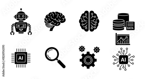 Artificial intelligence icons: robot, brain, data, and ai concepts in silhouette design