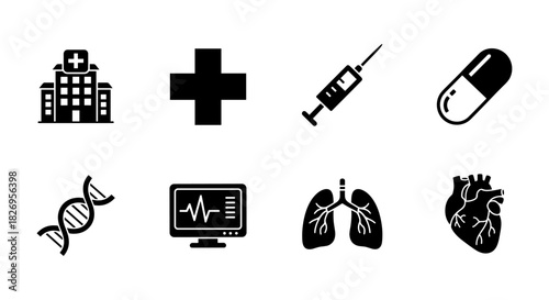 Essential medical icons set: hospital, health, medicine, and anatomy symbols