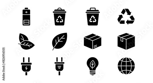 Eco icons set: recycling, sustainability, energy, technology, nature, environment