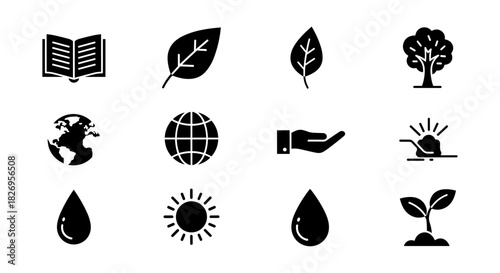 Eco-friendly black silhouettes of nature, energy and environmental conservation icons