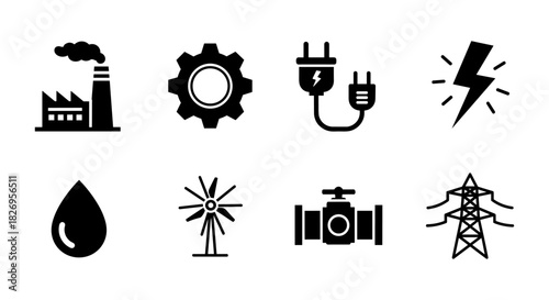Set of energy industry icons in black silhouette style