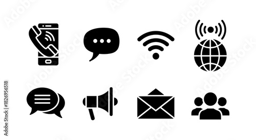 Communication icons set: phone, chat, wifi, global connectivity in black silhouette