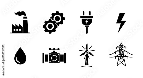 Industrial energy icons set: factory, gears, plug, lightning, oil drop, valve, windmill, power line