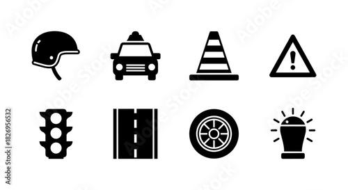 Traffic safety icons: helmet, taxi, traffic cone, warning sign, traffic light, road, tire, siren