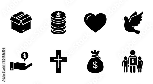 Charity icons: donation, finance, heart, peace, faith, family in simple black and white style