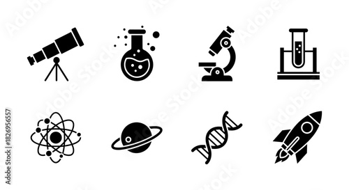 Science and space icons featuring microscope, rocket, and dna symbols