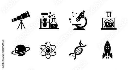 Science icon set: telescope, microscope, dna, rocket, and more in simple design