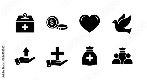 Charity icons: donation box, heart, dove, helping hands, medical bag