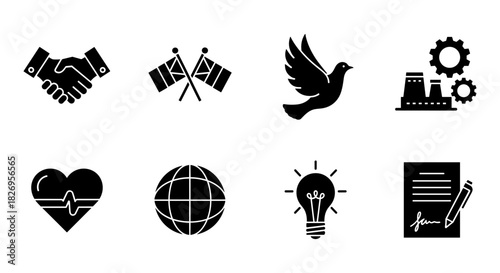 Business and environment black silhouettes: handshake, peace dove, innovation
