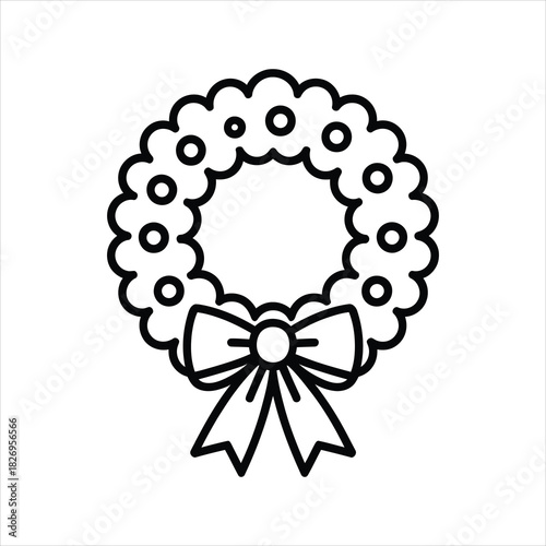 Outline drawing displays a fluffy wreath with spherical accents and an attached elegant bow