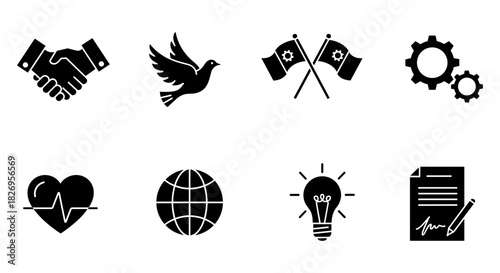Black silhouette icons: business, peace, innovation, global connectivity