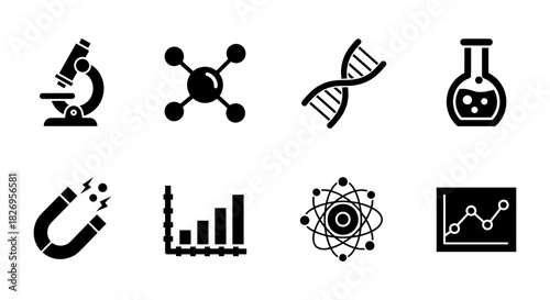Science and technology icons set featuring microscope, molecule, dna, and graph