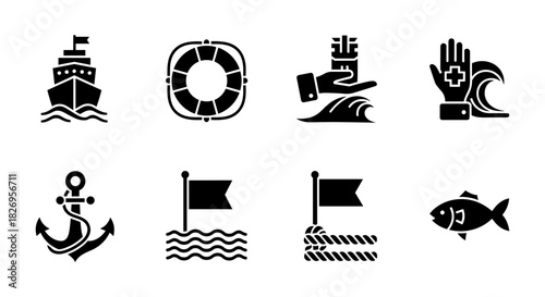 Nautical icon set with silhouette design featuring marine and safety elements