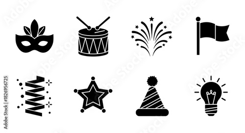 Festive black silhouette icon set featuring mask, drum, and party elements