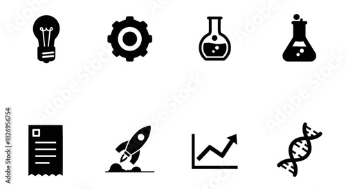Science and technology icons set: silhouette design of lab, gear, chart, and more