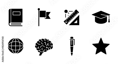 Education icons set: silhouette symbols of learning and achievement